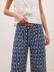 Nöista Wide-Leg Pants In A Fishes And Stripes Printed Fabric With A Mid-Rise Waistband, Button Closure, Front Pockets. Spring, Summer, Music Festival. - Royal Blue - View 3
