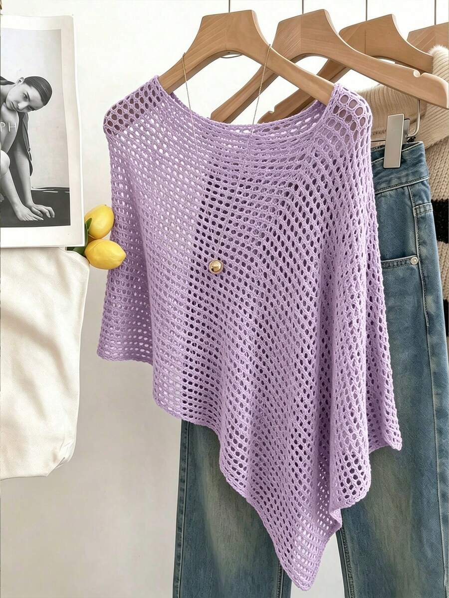 SHEIN Franclia 女款素色鏤空落肩不對稱下擺寬鬆毛衣 - 淡紫色 - 查看 1
