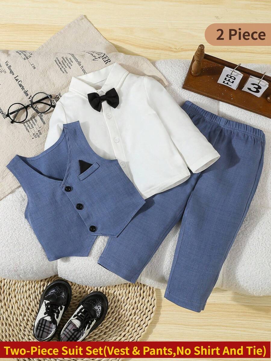 SHEIN Bộ quần áo lịch sự 2 món cho bé trai, gồm áo vest và quần màu trơn, không kèm áo sơ mi hay phụ kiện, phù hợp cho bé từ 6 tháng đến 3 tuổi. Trang phục trang trọng thích hợp cho đám cưới, biểu diễn, tiệc tùng, sinh nhật, Giáng sinh, lễ tốt nghiệp. - Nhiều màu - Xem 1