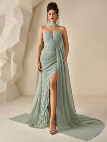 Coutiva Women's Contrast Lace Ribbon Design Pleated Elegant Side Slit Evening Gown - Mint Green - View 3