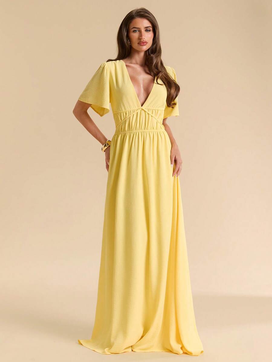 SHEIN BAE Spring/Summer Solid Light Yellow V-Neck Flutter Sleeve Cinched Waist Full Skirt Dress, Elegant And Gentle Style For Women, Suitable For Romantic Dates, Beach Vacations, Wedding Guest Attire, Evening Parties, Valentine's Day Dates - Yellow - View 1