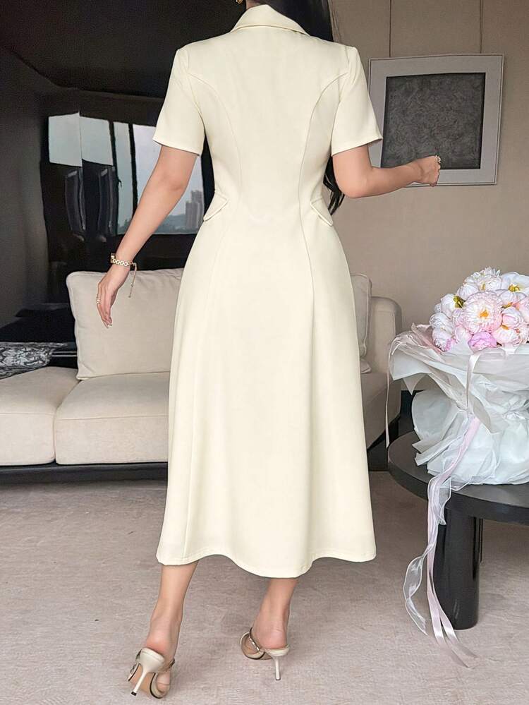 Spring & Summer Fashion High-End Notched Collar Cinched Waist Dress, New Stylish Single-Breasted Elegant Mid-Length Dress For Women
