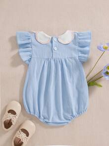 Vintaside Kids Baby Girls Spring/Summer Pure Apricot Romper, Cherry Embroidery Detail At Neckline, Sweet Minimalist Style, Comfortable Fit, Suitable For Daily Outings, Home Leisure, Casual Gatherings - Blue - View 3