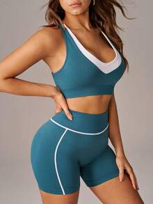 Easithlete Easithlete 女款對比色露背交叉綁帶舒適透氣健身運動套裝 - 青碧色 - 查看 5