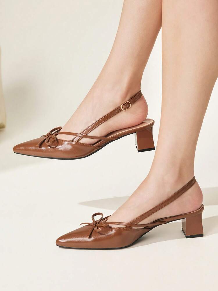 CUCCOO CHICEST Brown Pointed Bow Slingback Thick Heel Sandals, Workplace Commuting Temperament Shoes