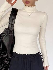 DAZY Solid Mock Neck Tee Long Sleeve Women Tops - Apricot - View 13