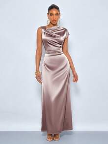 SOLERSUN Sexy And Elegant Women's Commuter Club Party Casual Island Beach Vacation Old Money Style Spring And Summer Women's Clothing Glossy Satin Irregular Shoulder Design - Champagne - View 5