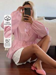 DAZY Set pigiama da donna 2 pezzi con blusa ampia decorata con fiocco e pantaloni corti, outfit primavera estate, tonalità rosa - Rosa - Visualizzare 1