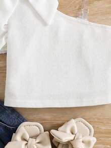 SHEIN Top de un solo hombro con volantes y lazo asimétrico de unicolor para niñas jóvenes en verano - Blanco - Ver 4