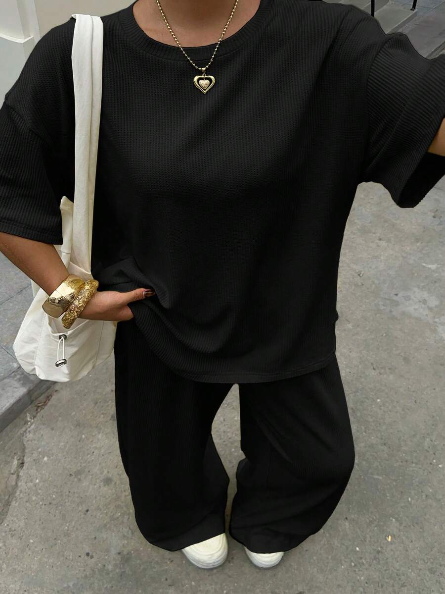 Muchica Plus Size Solid Color Round Neck Dropped Shoulder T-Shirt And Semi-Transparent Long Pants 2pcs Set - Black - View 1