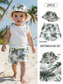 SHEIN Playful Pals Baby Boy Summer Beach Vacation Palm Pattern Shorts + Hat Set,Holiday Outdoor - Green - View 7