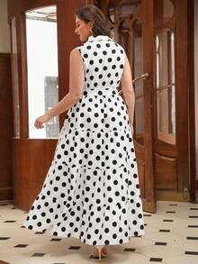 Auvina Women's French Elegant Casual Vacation & Commute Dress, Woven Polka Dot Print Fabric, Polo Collar Sleeveless Waist Gathered 4-Tier Ruffle Hem Dress, Vintage Style Dress, Country Style Outfit, Wedding Guest Dress, Summer Dress, Beach Outfit, Beach Dress, Outing Dress, Women's Vacation Outfit, Vacation Dress, Women's Casual Dress - Multicolor - View 2