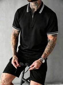 Manfinity Homme Color Block Collar Zip-Up Polo Shirt - Black - View 4