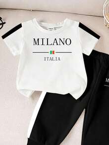2件組男嬰休閒經典配色側條紋MILANO/ITALIA字母印花圓領T恤與配套側條紋長褲套裝，適合夏季、居家休閒、戶外穿著、運動裝、校服、韓系風格、開學季，舒適易穿，時尚男嬰T恤、男嬰短褲，兒童圖案複刻，新風格，春季氛圍與夏季度假氣息，開學季、戶外活動、聚會、野餐、街拍、節日場合與送禮 - 彩色 - 查看 4