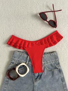 Swim SXY 2025 Vacation Beach Solid Color Ruffle Hem Bikini Bottom Summer - Red - View 2