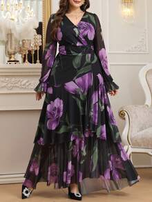 SHEIN Clasi Đầm dài nữ size lớn thời trang mới, họa tiết in, gấu bèo sóng, eo cao co giãn tốt, chiết eo tôn dáng, che khuyết điểm, đầm thu, đầm xếp ly, đầm hoa - Nhiều màu - Xem 4