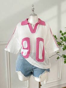 SHEIN EZwear 大尺碼女款夏季休閒度假風時尚街頭數位印花拼色V領落肩寬鬆透視鏤空針織上衣 - 玫紅色 - 查看 1