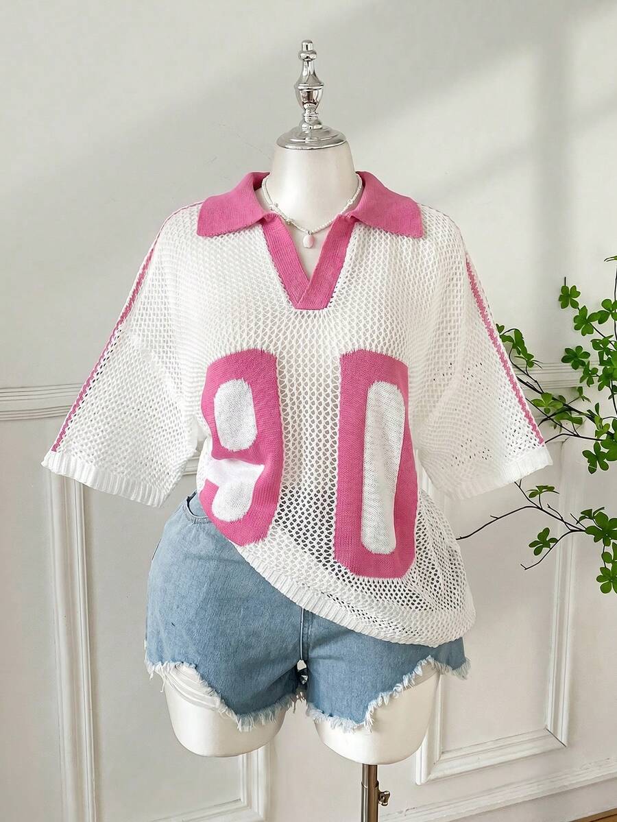 SHEIN EZwear 大尺碼女款夏季休閒度假風時尚街頭數位印花拼色V領落肩寬鬆透視鏤空針織上衣 - 玫紅色 - 查看 1