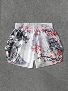 ROMWE MEN Anime Men's Summer Japanese Style Print Japanese Lettering Elastic Waist Shorts - White - View 7