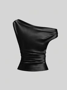 Sweetra Spring/Summer New Women's French Off-Shoulder Fitted Pleated Satin Pink Blouse, Suitable For Casual Wear, Parties And Evening Events - Black - View 2
