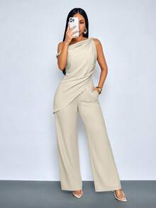SOLERSUN Women's Asymmetrical Neck Draped Top And High Waisted Wide Leg Pants Matching Set,Old Money Style Elegant Dinner Party Khaki Summer - Apricot - View 8