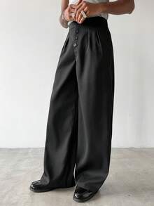 STYNVO Men's Solid Color Button Front Casual Straight Leg Pants - Black - View 3