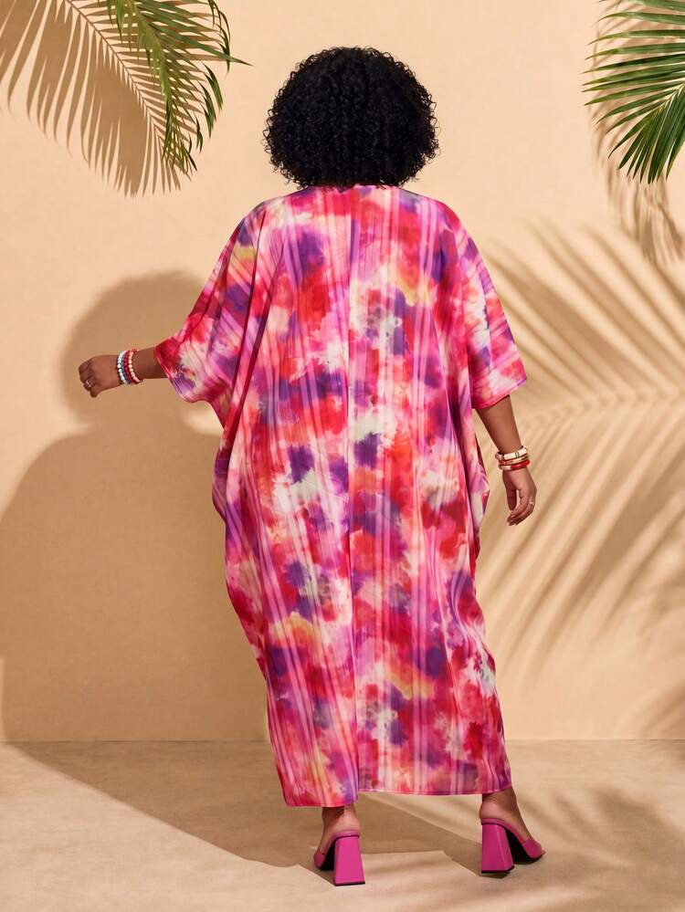 Plus Size Round Neck Batwing Sleeve Pleated Random Print Jacket & Solid Color Long Pants 2pcs Set