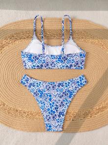 Swim Lushoire Women's Summer New Beach Swim Fashion Vacation Sweet Cute Multi-Color Small Ditsy Floral Textured Fabric Bandeau Two Pieces Bikini Set Sexy Backless - Multicolor - View 2