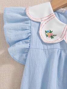 Vintaside Kids Baby Girls Spring/Summer Pure Apricot Romper, Cherry Embroidery Detail At Neckline, Sweet Minimalist Style, Comfortable Fit, Suitable For Daily Outings, Home Leisure, Casual Gatherings - Blue - View 4