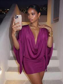 Slaydiva Fuchsia Cowl Neck Bell Sleeve Bodycon Mini Dress Draped Satin Look Party Club Vacation Dress For -A - Purple - View 5