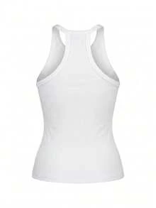 Slaydiva Spring Summer New Casual Basic Versatile Solid White Ribbed Crew Neck Racer Back Off-Shoulder Women Tank Top Suitable For Dates Travel Valentine's Day - White - View 2