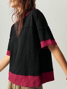 Bohemela Casual Knit Colorblock Crew Neck Short Sleeve Loose Fit Women's T-Shirt - Black - View 7