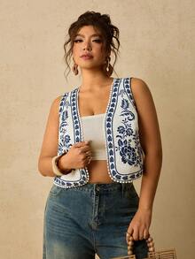 Travachic Plus Size Women's Printed Open Front Casual Bohemian Vintage 1920s Tank Top Blouse Ruffle Party Brunch Vacation Formal Blue And White Summer - Blue and White - View 6