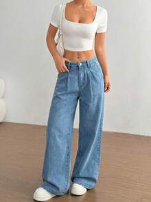 SHEIN LUNE Women's Casual Y2k Everyday Washed Fold-Over Pleated Wide Leg Jeans Back-To-School Light Blue Summer - Blue - View 4