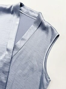Gownix 緞面繫帶無袖上衣,適合通勤優雅穿搭,辦公室工作,灰藍色,夏季 - 藍色 - 查看 8