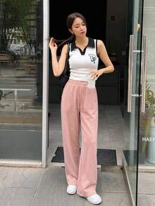 Dazy Designer Women's Pink Letter Embroidery Drawstring Waist Long Pants - Pink - View 13