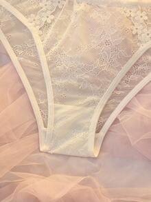 DelicateAllure Culottes transparentes blanches à patchwork en maille avec motif floral 3D mignon pour femmes - Blanc - Voir 5
