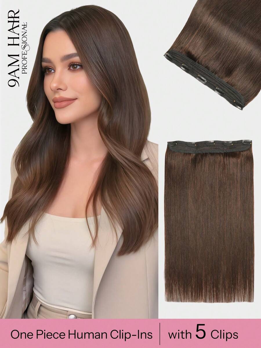 One Piece Clip In Human Hair Extensions, 5 Clips 3/4 Full Head Clip On Remy Straight Hairpieces #2 Dark Brown Real Human Hair Adding Volume For Thin Hair, Daily Salon Wear For Women And Girls - S2 - View 1