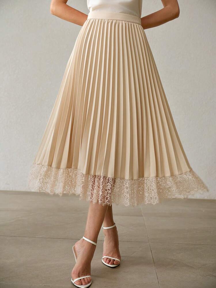 WOMEN'S SPRING/SUMMER PLEATED CONTRAST LACE SKIRT