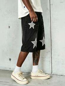 GALLERY FADE New Summer Black And White Washed Denim Shorts With Star Embroidery Holiday Y2k - Black - View 4