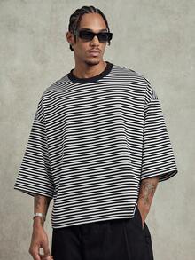 PAVTROS Men's Casual Loose Fit Striped Drop Shoulder T-Shirt, Summer,Men's Oversized Striped T-Shirt, Black White Crew Neck Tee, Loose Fit Streetwear, Half Sleeve Streetwear Shirts Oversize T Shirt For Men Mens Streetwear Loose Fit Shirt Mens Fashion Mens T Shirt - Black - View 4
