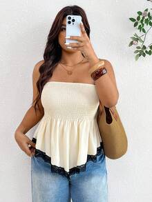SHEIN Frenchy Plus Size Women's Ruched Lace Patchwork Bandeau Top Casual Summer Vacation Going Out Top For Women Lace Top Festival Independence Day Top - Apricot - View 5