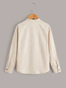 SHEIN Tween Boy Solid Color Retro Stand Collar Single-Breasted Left Chest Patch Pocket Casual Shirt - Apricot - View 2