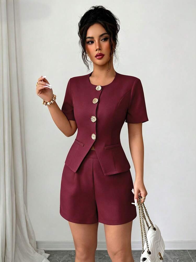 Elenzga 女款商務辦公工作服夏季套裝 新嘉年華服裝 嘉年華套裝 海灘度假海灘套裝 派對優雅套裝 女款優雅套裝 夏季度假套裝 女款度假服飾 女款休閒套裝 奢華女款派對套裝 約會賓客海灘海濱浪漫魅力金屬扣卡其色兩件套 - 酒紅色 - 查看 4