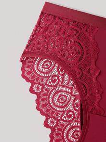 Hourtrue 1pc Mid-Rise Solid Color Contrast Lace Brief Lingerie - Burgundy - View 5