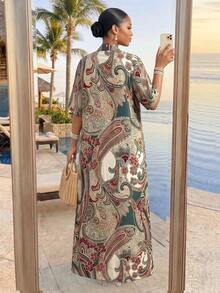 SHEIN Lady CURVE Plus Size Vintage Print Loose Elegant Versatile 2 Pieces Set, Summer Boho Two Piece Set Modest Two Piece Set Boho Jumpsuit For Women Kimono Dress Long - Multicolor - View 4