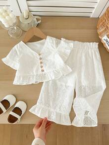 SHEIN LMoss Kids 女嬰夏季白色可愛刺繡上衣與荷葉邊長褲套裝 - 白色 - 查看 1