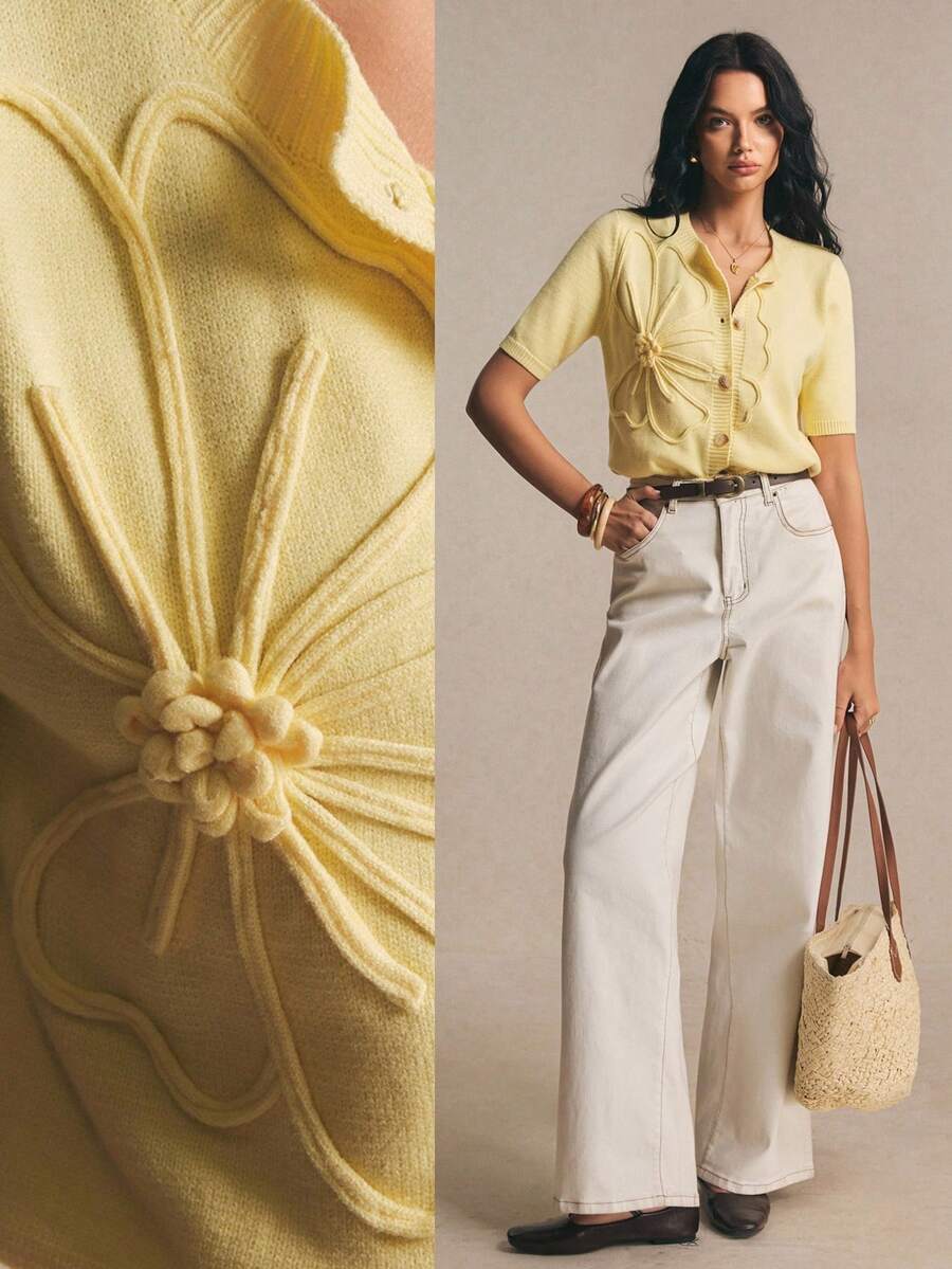 Poéselle 女款淺黃色夏季時尚茶會風 3D 花朵貼花針織短袖開襟鈕扣針織衫上衣，馬卡龍色調 Coquette Cottagecore Y2K 風格