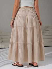 SHEIN EZwear Rok Midi Wanita Ukuran Plus Bergaris Model Ikat untuk Liburan Musim Gugur - Khaki - View 3