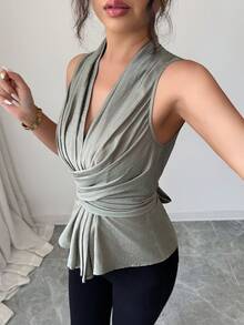 Elenzga 女款春夏法式浪漫西西里風優雅休閒通勤度假下午茶派對純色仿亞麻面料V領交叉結腰部綁帶A字版型無袖短版上衣 - 綠色 - 查看 3